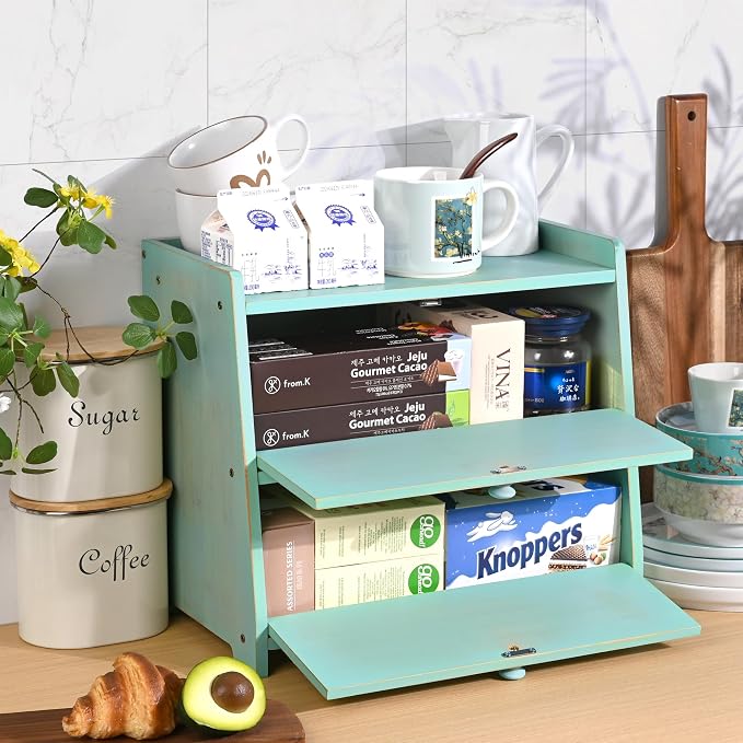 Bamboo Corner Bread Box for Kitchen Countertop 2-Tier Green | Farmhouse Bread Storage Container, Large Pantry Organizers for Homemade Snacks, Loaves, Breathable Keeps Bread Fresh