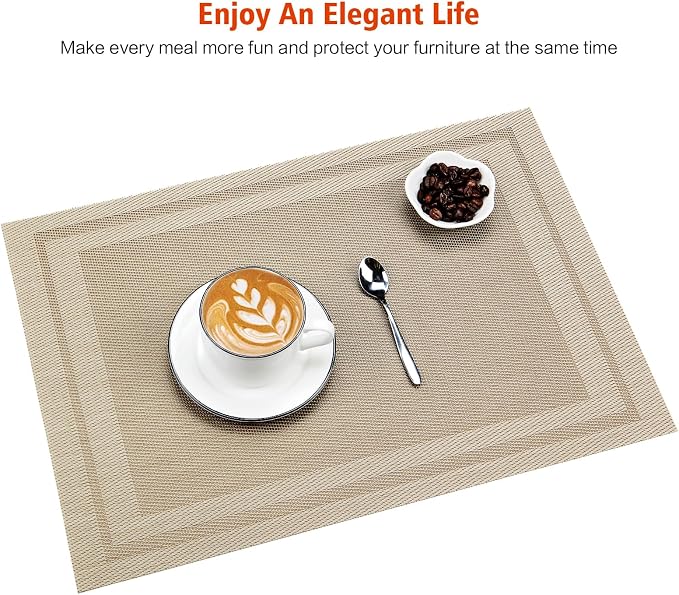 Beige Vinyl Placemats Set of 8,Washable Dining PVC Table Mats | Heat resistant, stain resistant non slip vinyl place mats, washable beige table placemats for dining table