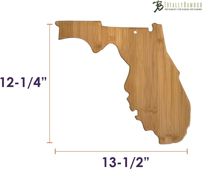 Totally Bamboo Florida State Shaped Serving & Cutting Board | State charcuterie board with natural bamboo grain. Knife-friendly surface for food prep. Hang tie for wall display.