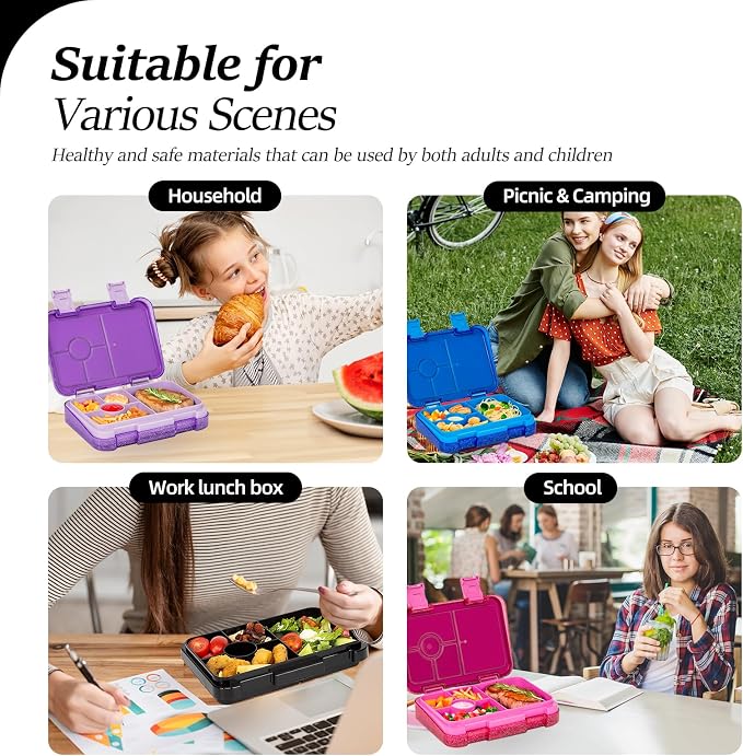 Bento Lunch Box, Bento Lunch Containers Boxes, Shiny Black | Dishwasher Safe Back to School Snack Bento Lunch Containers Boxes, Ideal Portion Sizes for On-the-Go Meal, Ages 3+, School
