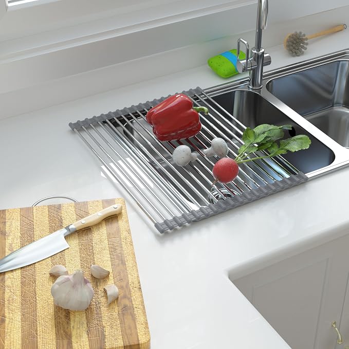 Large Expandable Roll Up Dish Drying Rack, Heat-Resistant Dish Drainer for Stainless Steel Sinks, Over The Sink Non-Slip Silicone Rollable Dish Drainer Roll Rack 18 Tube Gray 21.25''x12.79''