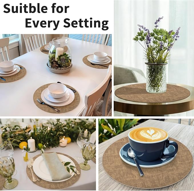 Maxpearl Faux Leather Round Placemats Set of 6, 13.8 inch, Brown | Waterproof, Heat Resistant, Non Slip, Wipe Clean Dining Table Place Mats, Suitable for Indoor & Outdoor Use, Table Settings