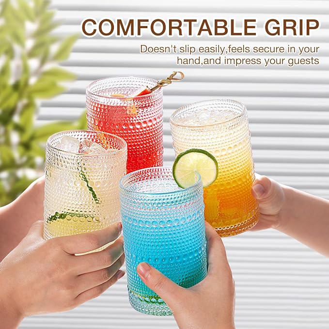 Hobnail Drinking Glass Set of 8, 4 Highball Glasses 15oz,4 Rocks Glass 12oz | Mixed Drink Cocktail Glass, Vintage Embossed Glassware Sets for Whiskey,mocktails, Water & Juice Drinkware