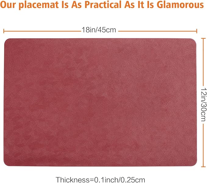 Red Vinyl Placemats Set of 4 Waterproof Wipeable Table Mats | Heat Resistant Easy Clean Place Mats Faux Leather Table Mats Washable PVC Table Placemats for Dining Table