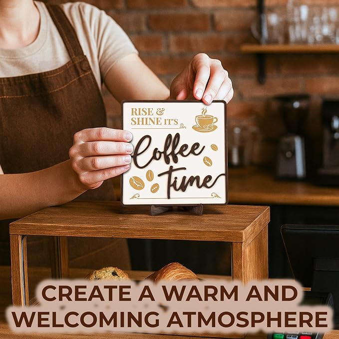 Vintage Coffee Sign Decor, 7 in Wood Cafe Sign for Kitchen Bar | 1 wood sign 7 in square, its coffee time design, coffee bar and cafe station decor, lover gift