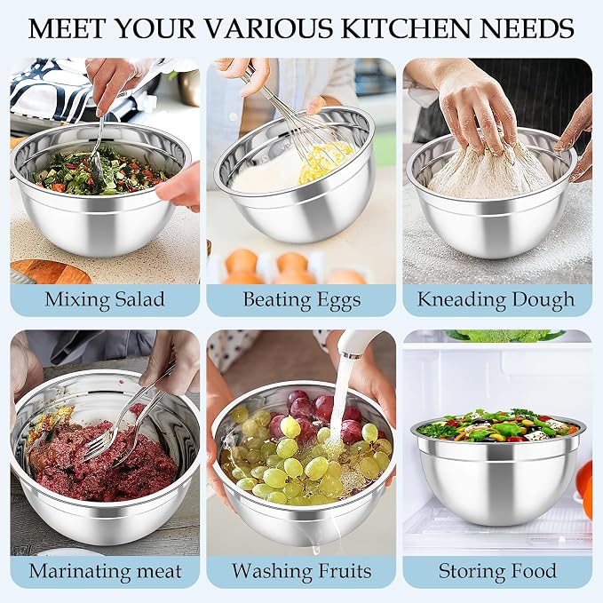 TeamFar Mixing Bowls, Stainless Steel Nesting Salad Bowls Set | Mixing Bowls with Lids & 3 Grater Attachments, For Mixing/Serving/Storing, Non-toxic & Long-lasting, 4.6/3/1.5 QT, Black