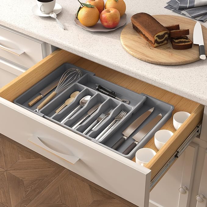Lifewit Extra Large Silverware Drawer Organizer, Expandable Utensil Tray for Kitchen, BPA Free Flatware and Cutlery Holder, Adjustable Plastic Storage for Spoons Forks Knives, 13-22 x 15, Gray