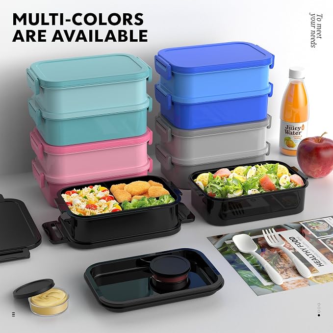 Adult Bento Box Lunch Box - Large Style Stackable Bento Lunch Box for Adults, 72oz All-in-One 3 Layers Bento Boxes Leak-Proof Lunchbox with Utensil Sauce Containers for Dining Out,Work, Black