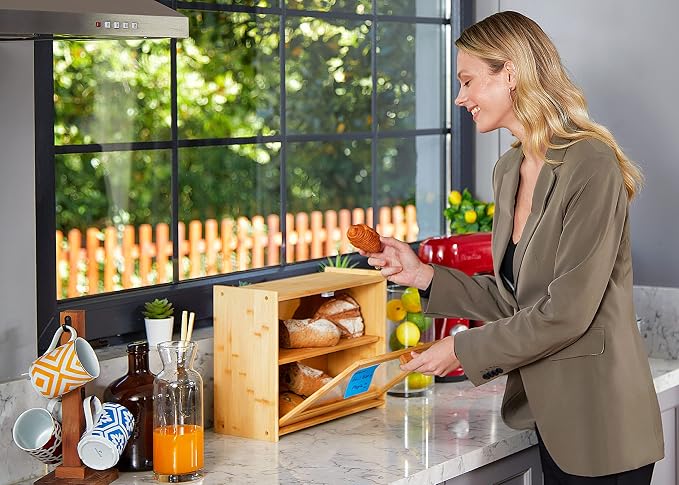 Premium Bamboo Double Layer Bread Box With Clear Window | Bread Storage And Organizer for Kitchen Countertop, Bread Container, Assembly Required