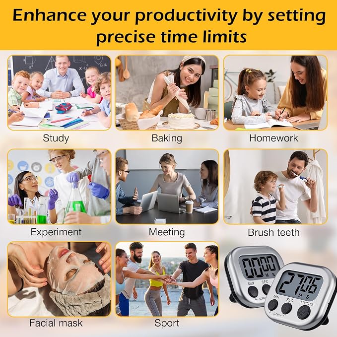 Leumoi 24 Pack Multi-Function Digital Timers with Magnetic Back, Large LCD Display, Loud Alarm, Count up & Countdown, Memory Function for Cooking, Classroom, Study, Exercise & Work(Sliver and Black)