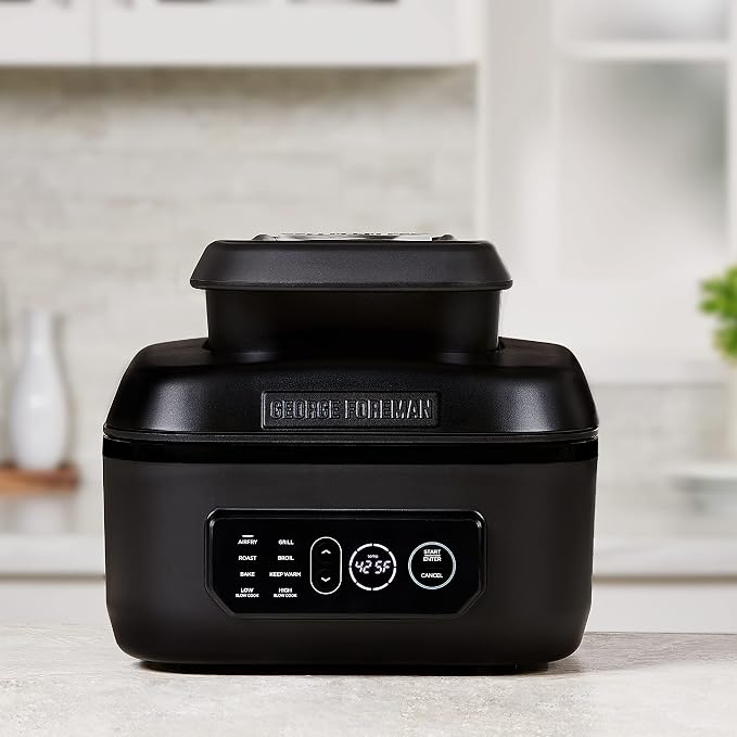 George Foreman Beyond Grill™ 7-in-1 Electric Indoor Grill with Air Fry Technology, MCAFD800D, Black, Large | 7-in-1 grill with air fry, roast and bake functions, 500°F searing and no-defrost cooking.