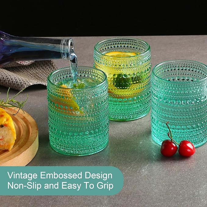 ZMOWIPDL Drinking Glasses Set of 6,12oz Lake Blue Hobnail Glass Cups | Vintage Glassware,Embossed Water Tumbler,for Beer,Cocktail,Whiskey,Juice and Various Mixed Drinks- 1 Cleaning Brush