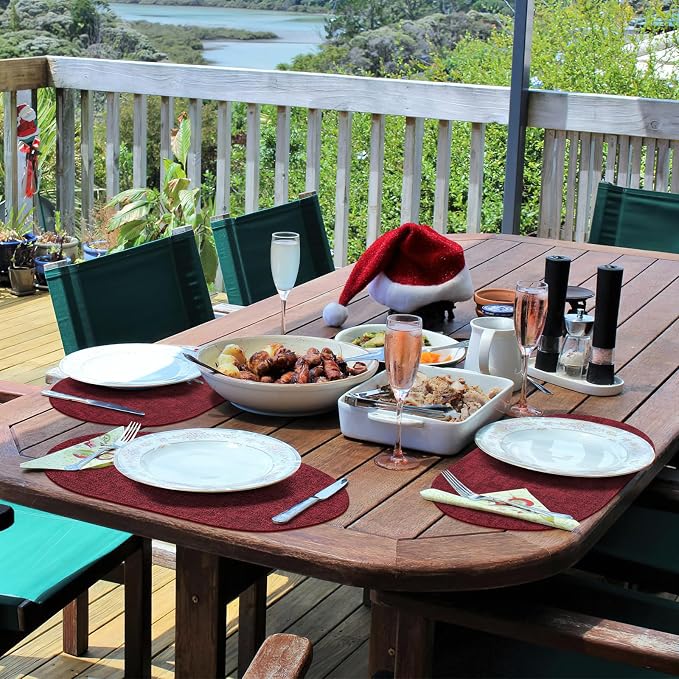 Placemats Set of 12 Washable, Heat Resistant Table Placemats Wipeable Faux Leather Oval Place Mats Non Slip, Waterproof Oval Table Mats for Indoor Outdoor, Wine Red