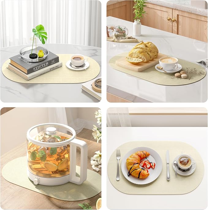 DOLOPL Oval Placemats Set of 6, Beige Faux Leather Table Place Mats | Reversible, Wipeable & Washable, Heat Resistant, Waterproof, 17"x11.8", Modern Neutral Style for Kitchen, Dining Table