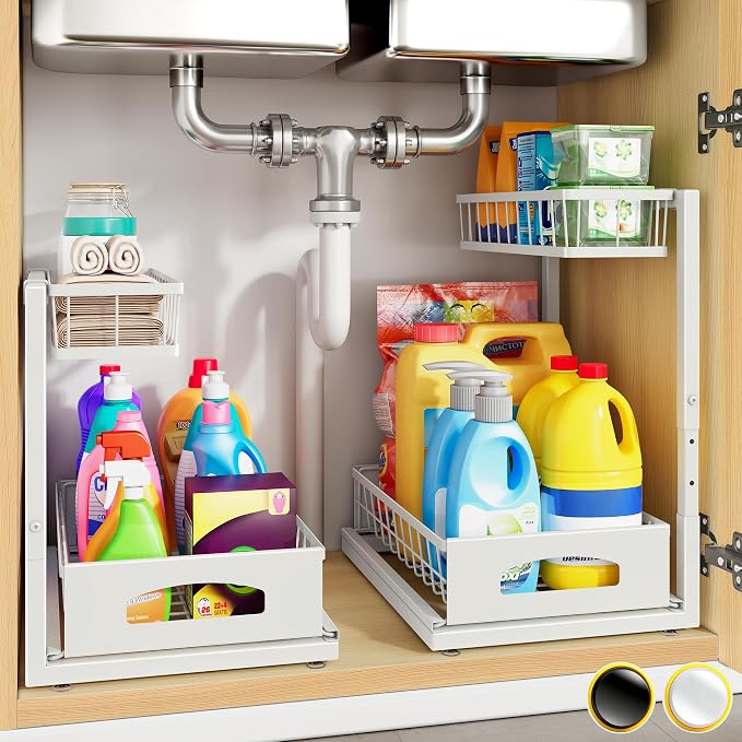 Under Sink Organizer, 2-Pack L-Shaped Metal Pull-Out Drawers for Kitchen | Cabinet Organizer Height Adjustable Heavy Duty Metal 2-Tier Storage Fits Beside Common Pipes for Bathroom Pantry