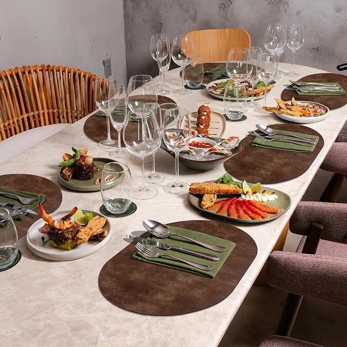 ADRIMER Placemats, Heat Resistant Oval Placemats Set of 6 Washable 12 x 17 Inch, Waterproof Table Mats, Wipeable Pu Place Mats for Kitchen, Dining Room, Brown