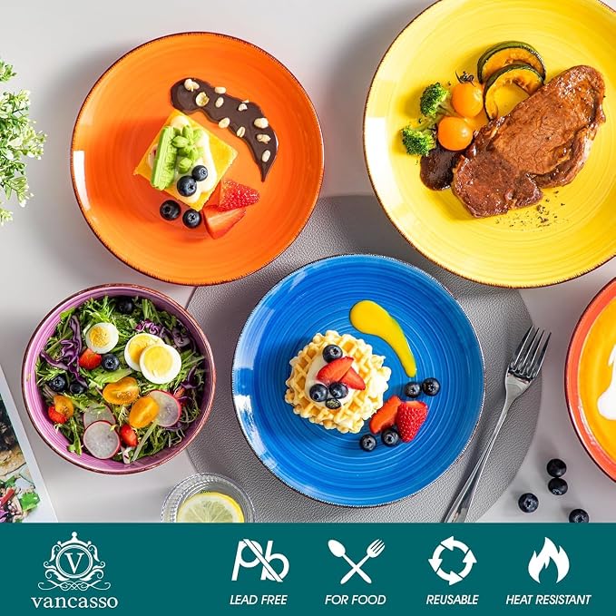 vancasso Bonita Dinnerware Sets, 24 Pieces Multicolor Stoneware Dinner Set | Handpainted Spirals Pattern Ceramic Plates and Bowls Sets, Kitchen Plate Set for 6 Dishes Sets-Microwave and Dishwasher Safe