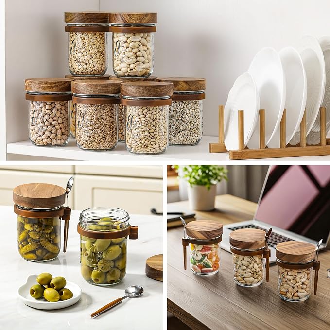 LANDNEOO 4 Pack Overnight Oats Containers with Wooden Lids and Spoons, 16oz Glass Mason Overnight Oats Jars with Lids, Large Capacity Airtight Jars for Milk, Cereal, Fruit