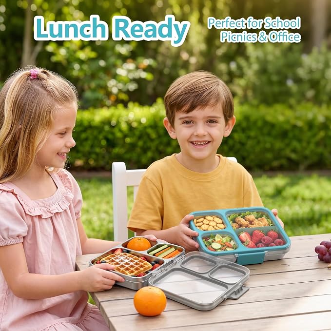 HOMEKOL Stainless Steel Bento Lunch Box 3-Compartment, 4.2Cups, Blue | Leak-Proof Metal Lunch Container for Kids & Adults, BPA-Free, Dishwasher Safe, Clear Tritan Lid, 1000ml (Not Insulated)