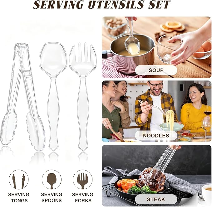 Mwellewm Plastic Serving Utensils Set Disposable Tongs Spoons for Buffet | Heavy Duty, BPA free, Large, 18Pcs Clear Party Catering Supplies Buffet Display Utensils for Restaurant, Wedding,Banquet,Food