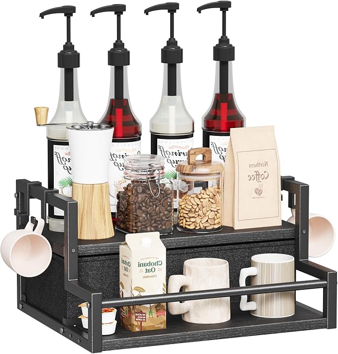 Homeiju Coffee Syrup Organizer Rack, 2-Tier Bottle Coffee Bar Accessories | Holder Stand with K Cup Storage Drawer for Coffee bar, Wine Rack , Storage Shelves for Syrup. (Black)