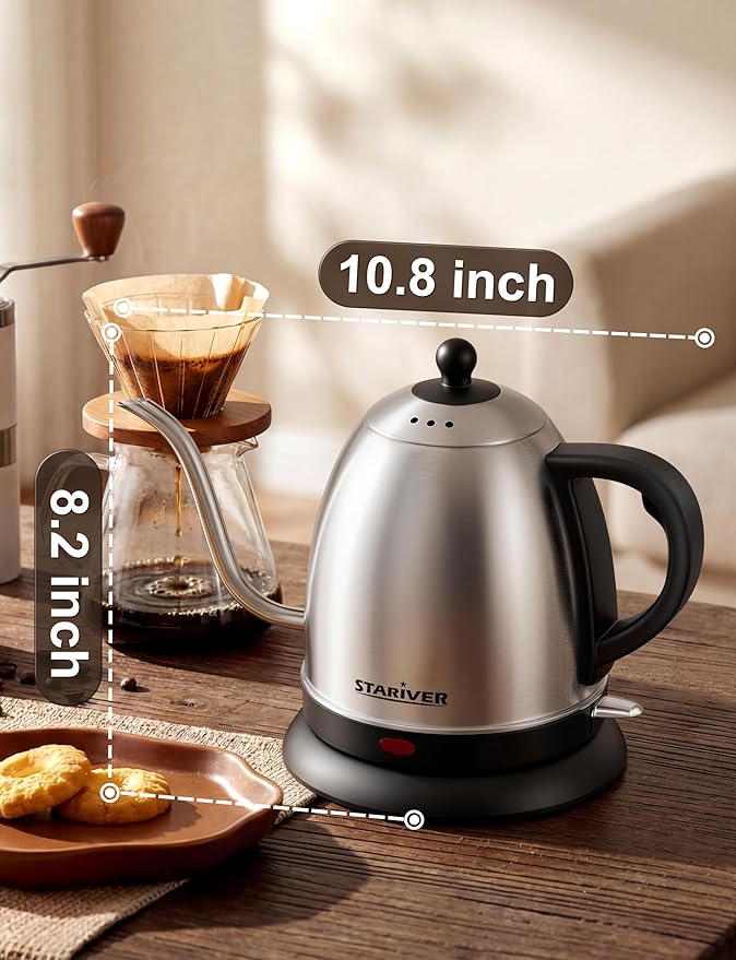 Stariver Gooseneck Electric Kettle, 1L Stainless Steel Pour Over Tea Pot | Fast Heating, Auto Shut-Off, Boil-Dry Protection, BPA-Free, for Pour Over Coffee, Tea, Drip Brew, Home or Office