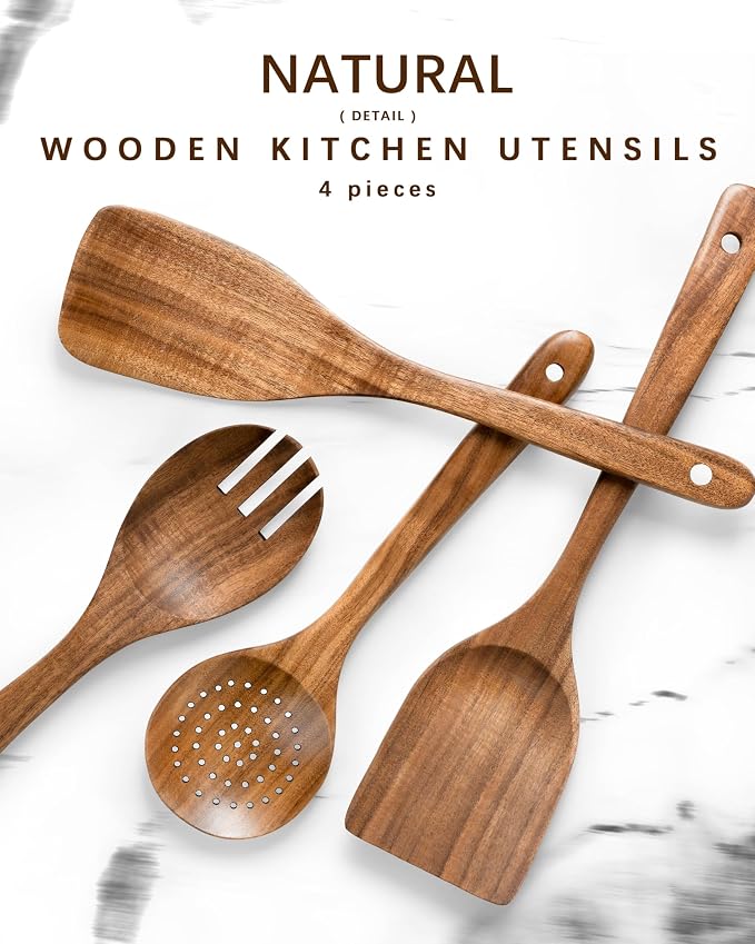 Wooden Spoons for Cooking, 4-Piece Acacia Wood Cooking Utensil Set | Spoons and spatulas stir, mix, flip and serve; balanced handles offer control while staying gentle on nonstick cookware.