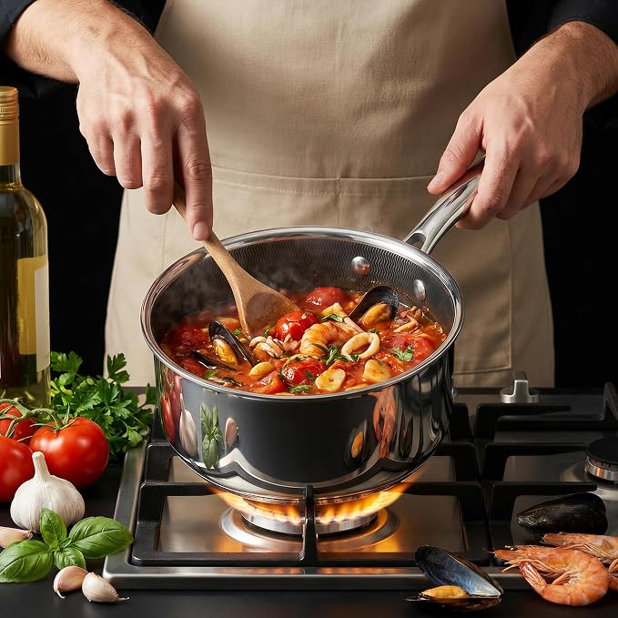1-Quart Nonstick Saucepan with Lid, Tri-Ply Stainless Steel Pot with Stay-Cool Handle & All Cooktop Compatibility (Gas, Ceramic, Electric) - Non-Stick