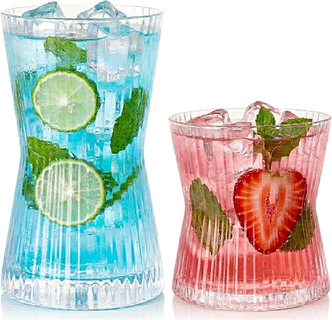 JOVGANK Drinking Glasses Set of 8 – Lead-Free Crystal Glassware, 4 Tall 10oz & 4 Short 8.5oz Vintage Ribbed Tumbler Glasses, Dishwasher Safe, for Juice Beer Cocktails, Great Housewarming Gift, Set B