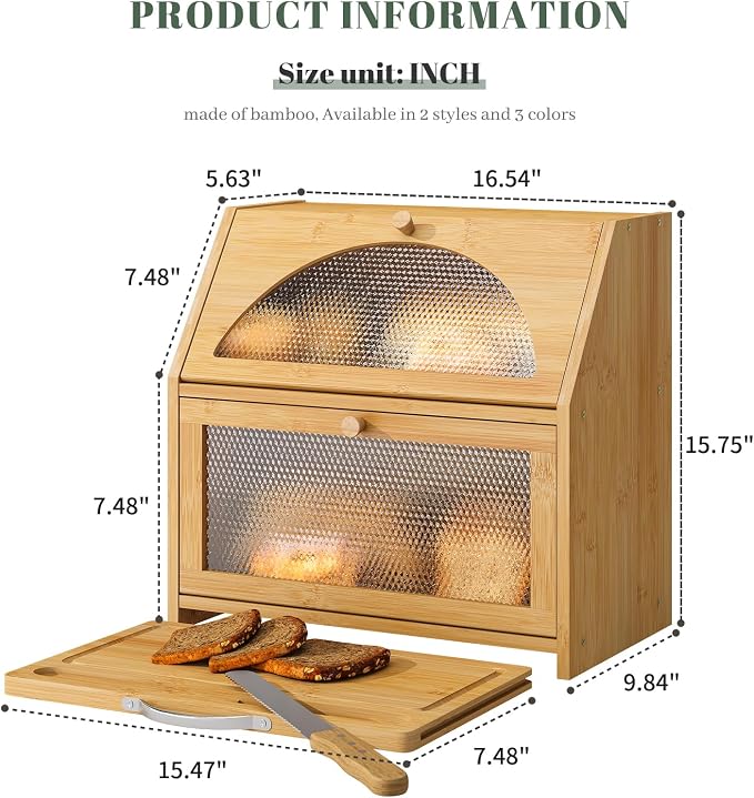 STDDRE Double Layer Bamboo Corner Bread Box with Cutting Board(Natural) | Extra-large capacity. Double Layer Bread Storage Bin with Door Panel for Kitchen Counter.for kitchen counter