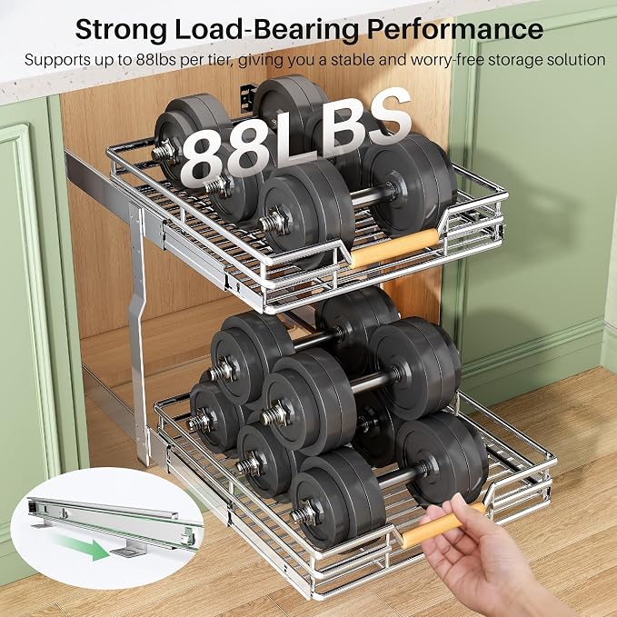 Pull out Cabinet Organizer, 2 Tiers 23"W X 21"D, Heavy Duty Smooth Sliding Under Cabinet Shelves for Pots and Pans, Full-Extension Roll out Drawers, Slide out Organization for Home Kitchen Pantry