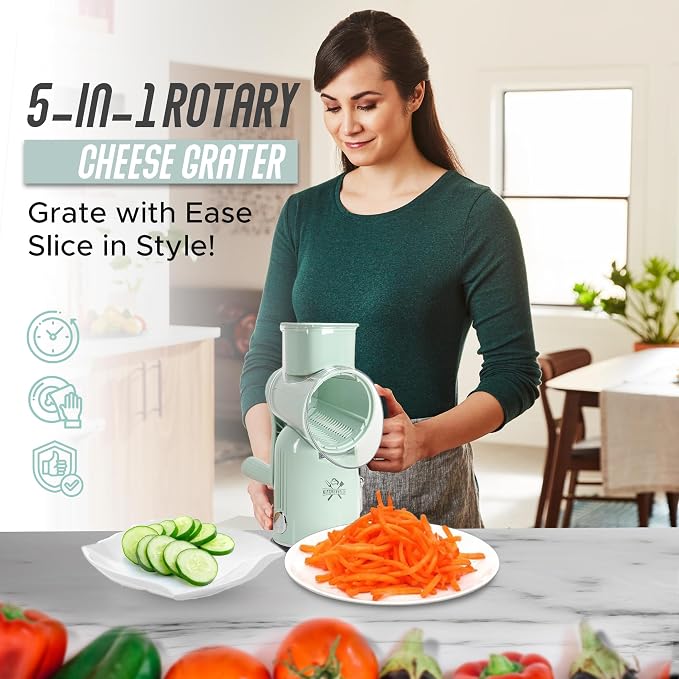 Rotary Cheese Grater Hand Crank, 5 in 1 Vegetable Slicer, Manual Cheese Shredder with Stainless Steel Blades, Food Grater for Cheese Vegetables Nuts, Suction Base, Easy Clean, Green