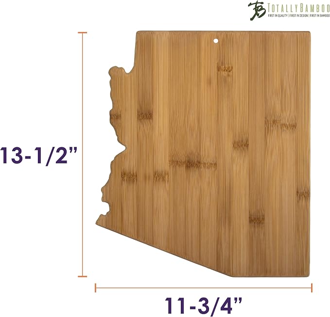 Totally Bamboo Arizona State Shaped Bamboo Serving and Cutting Board | State charcuterie board with natural bamboo grain. Knife-friendly surface for food prep. Hang tie for wall display.