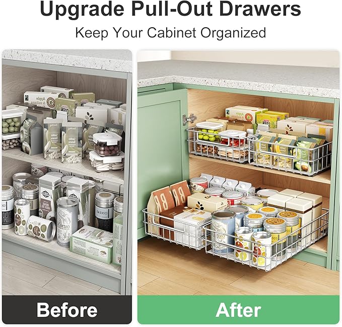 Pull out Cabinet Organizer, Stainless Steel 2-Pack Slide out Drawer with Silent Full-Extension Slides, Adhesive Roll out Can Spice Storage Basket Shelf Rack for Pantry, Kitchen, Bathroom, Home Closet