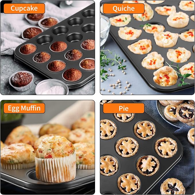 TeamFar 2 Pack Mini Muffin Pan, 24-Cup Non-Stick Cupcake Tray for Baking | Carbon Steel Small Cup Cake Tin Bakeware for Bite-Sized Cheesecake Tart Quich, Even Baking & Effortless Release & Easy Clean