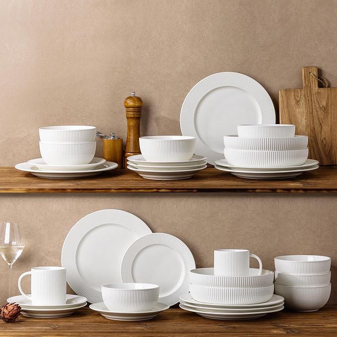 Ceramic Dinnerware Set for 4, 12-Piece Plates and Bowls Set | Lightweight Porcelain Dish Set, Scratch Resistant, Oven & Microwave & Dishwasher Safe, Bright White
