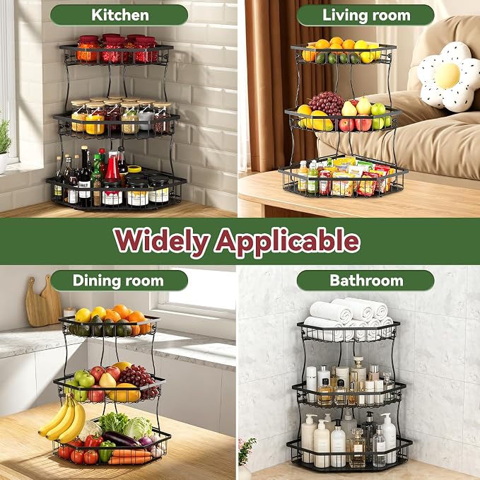 3 Tier Fruit Basket for Kitchen Counter with 2 Banana Hangers for Corner | Detachable Metal Fruit Bowl with Wooden Handle, Large Capacity Fruit Stand for Bread Fruit and Vegetable Storage-Black