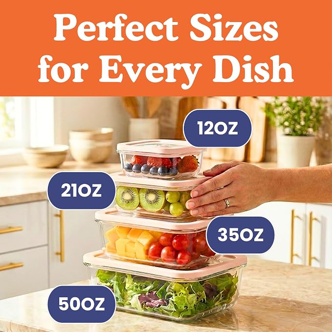 Non-Toxic Glass Food Containers with Lids, 4-Pack, Multi-Size, Beige | Plastic & BPA free. Glass body, glass lid & platinum silicone seal. Airtight & leakproof. Freezer & microwave safe.