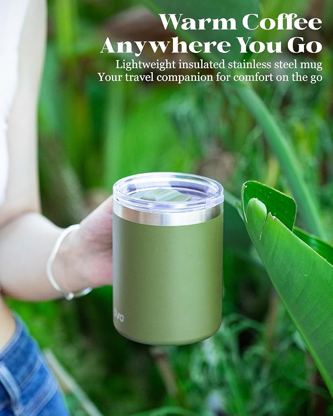 12oz Insulated Coffee Mug with Lid – Includes Two Lids, Stainless Steel Coffee Travel Mug with Handle, Double Wall Vacuum Insulated Camping Mug for Home, Office & Outdoor, Army Green