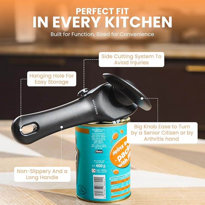 Bellemain Ergonomic Can Opener, Easy Safe-Cut for Seniors & Restaurants | Durable Heavy Duty Stainless Steel, Non-Slip Manual Easy to Turn Handle, Lightweight, Compact, and Travel Friendly
