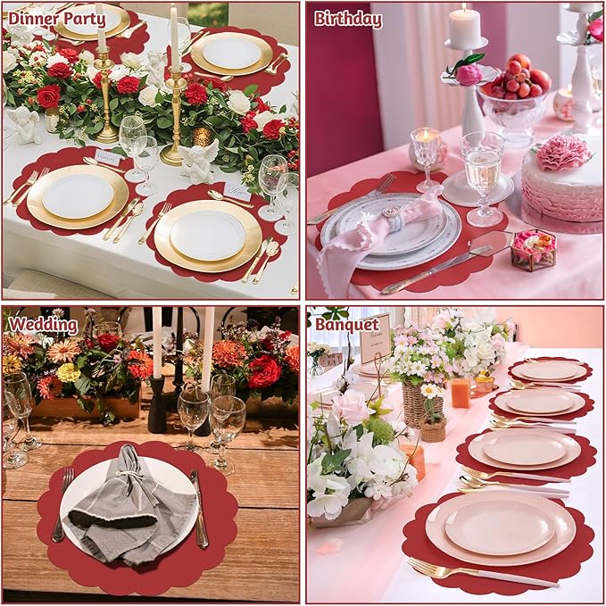60 Pcs Red Paper Placemats, 13.5 Inch Disposable Scalloped Place Mat | Round Table Place Mats Decorative Paper for Christmas New Year Anniversay Birthday Wedding Banquet Holiday Party