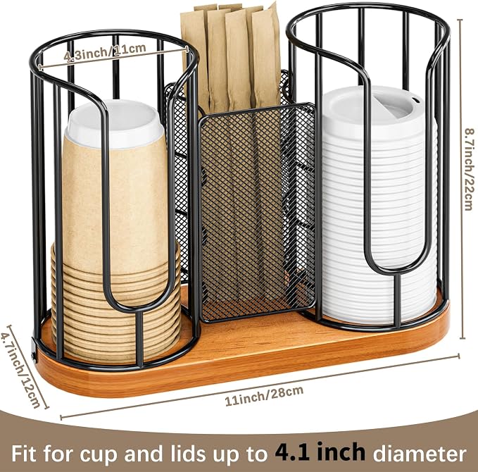 Coffee Cup and Lids Holder - 8oz-24oz Disposable Cups Organizer Wooden Base | Plastic Paper Cup Dispenser Straw Storage for Countertop Coffee Station Bar Restaurant Office Breakroom Shop Kitchen