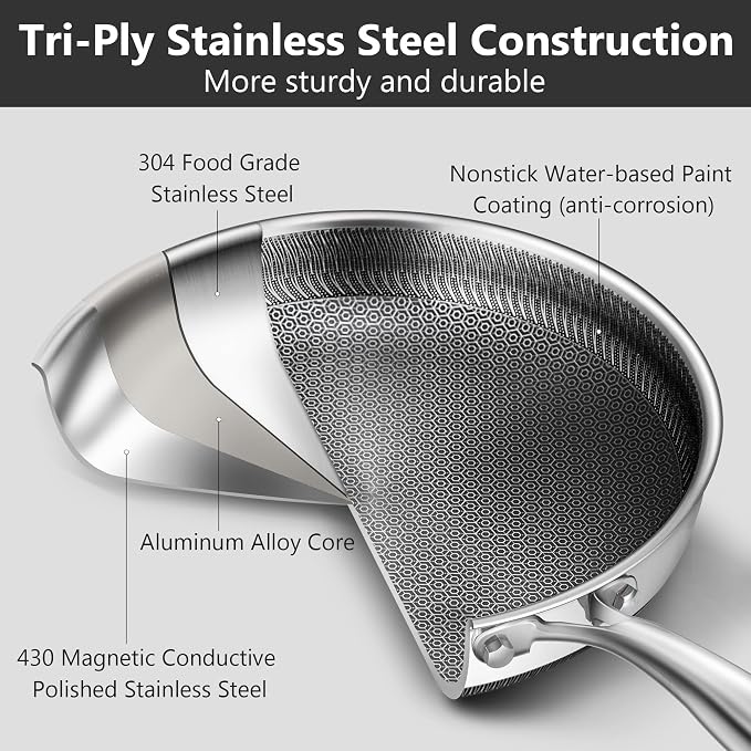 Frying Pans, 10-inch with Lid, Hybrid Frying Pans Stainless Steel Skillets, Dishwasher & Oven-Safe, Stay-Cool Handle, PFOA Free Cookware, Compatible with All Cooktops