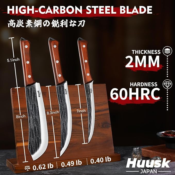 Huusk 3PCS Butcher Knife Set for Meat Cutting, Gifts for Men Women | Japanese Steel Carving BBQ Brisket Knives with Ergonomic Handle, Hand-forged Meat Knife Set for Home and Camping