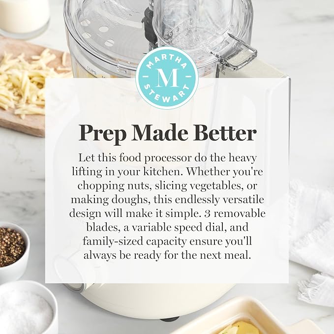 Martha Stewart 10 Cup Food Processor & Electric Chopper, One Touch Pulse | BPA-Free Bowl, 3 Multipurpose Blades, Easy Food Prep, Chop, Slice, Shred, Puree, Emulsify, Speed Dial, Wide Feed Chute, Cream