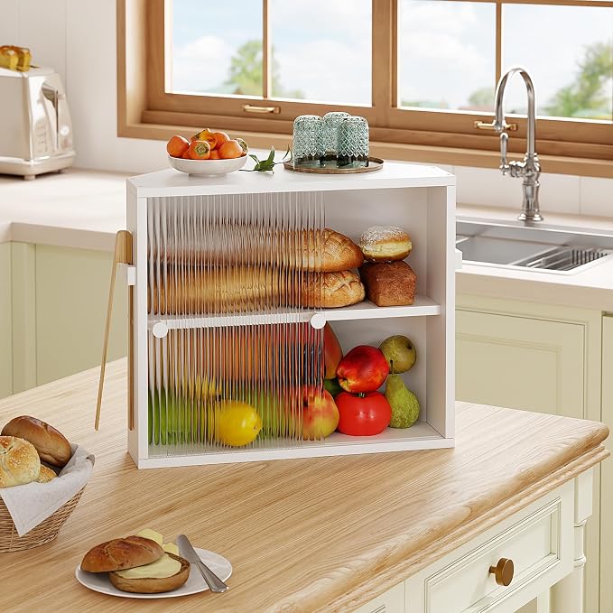 Corner Bread Box with Sliding Acrylic Doors, Double Layer Bread Bin | Bread Box for Kitchen Countertop, Bamboo Bread Storage Container, Large Capacity Vintage Farmhouse, White, Meduim
