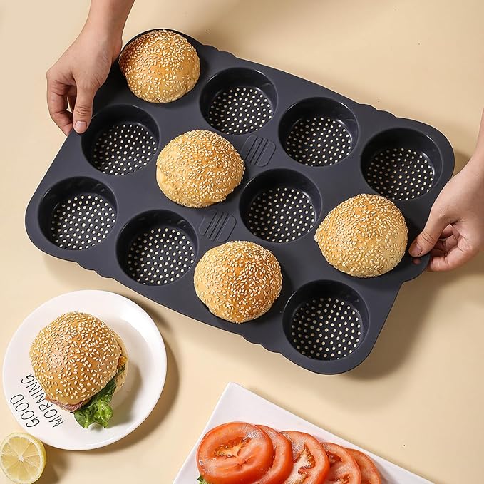 12-cavity Silicone Hamburger Bun Pan, Nonstick Loaf Pan & Heat Resistant Burger Bun Pans for Baking, Bread Pans for Homemade Bread, Bread pans for baking, Easy to Use Burger Pan