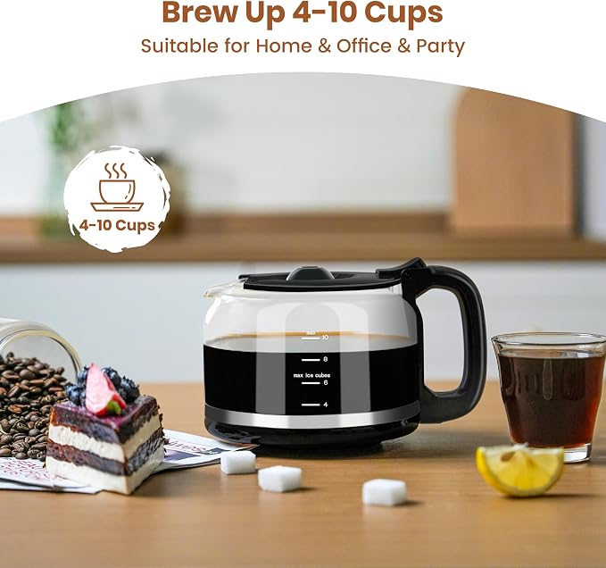 Gevi 10-Cup Drip Coffee Maker With Built-In Burr Grinder & Touch Screen | Programmable Brewing, 4-Hour Warming Plate, Permanent Filter, Included Glass Carafe for Fresh Grind-And-Brew Coffee at Home