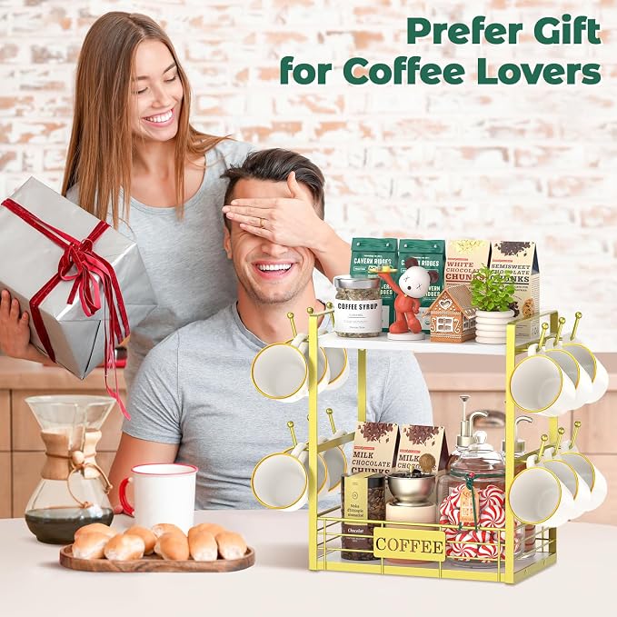EsLuker.ly Coffee Mug Cup Holder Tree Bar Station Organizer, 2 Tier Gold | Mug Stand Rack for Countertop Kitchen, Storage Tower Display Shelf with 12 Hooks, Coffee Nook Enhancer