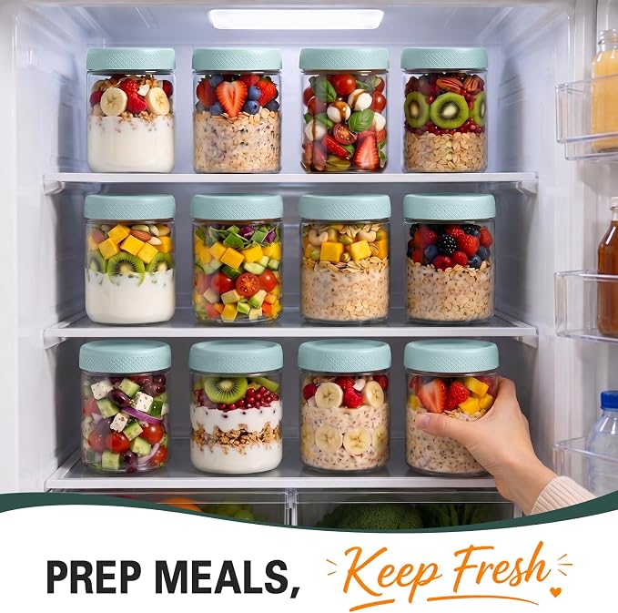 16 oz Glass Jars with Airtight Lid, Overnight Oats Container, Mason Jars | 6 Pack Parfait Cup With Lids for Breakfast, Clear Glass Jars for Storage, Sugar, Prep Meal, Food, Pudding, Spices, Blue